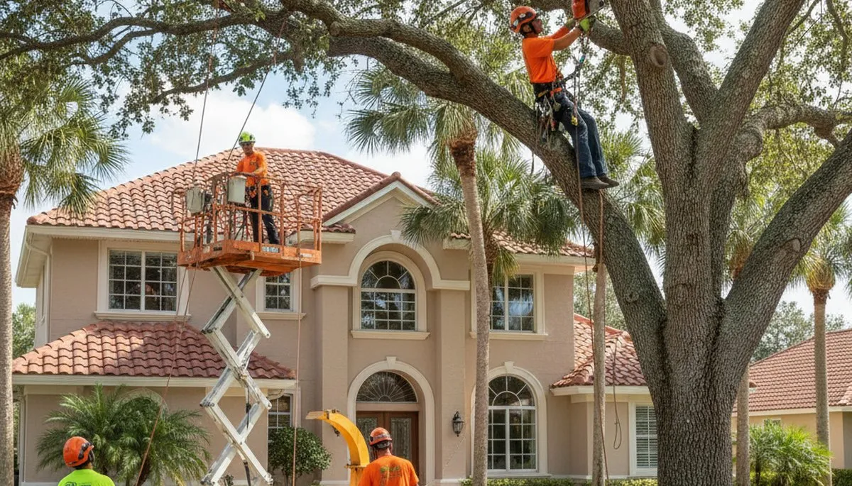 Tree service crew in Brandon, FL performing professional tree trimming and removal on a residential property